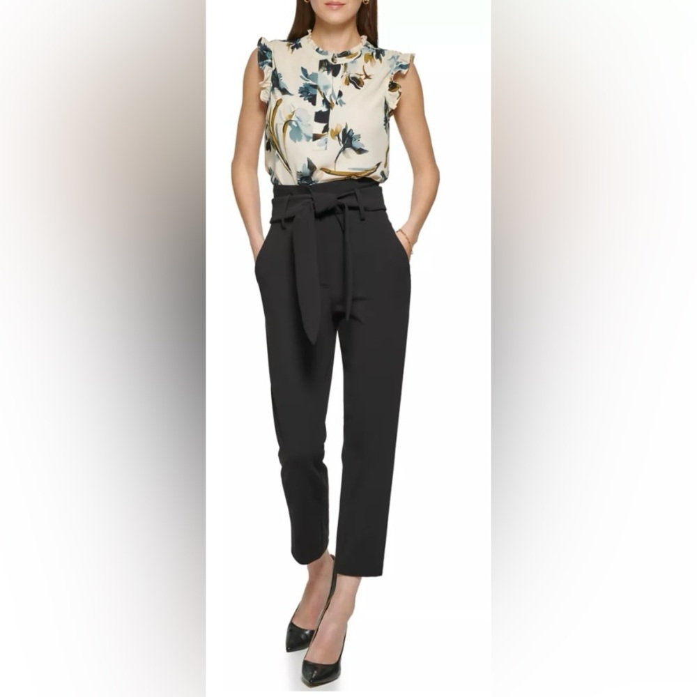 DKNY Black High Waisted Tie Waist Pants Size 12 Paperbag Ankle Work Chic NWOT - Picture 5 of 10